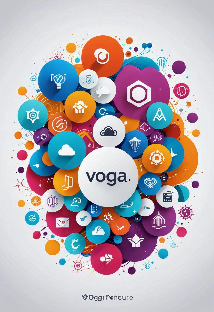A dynamic scene showcasing the logo of Vogya at the center, surrounded by floating icons representing innovative solutions like AI, cloud services, and digital transformation. Include energetic lines or bursts of color radiating from the logo to symbolize creativity and innovation. The background should be a modern tech landscape with abstract shapes that suggest forward-thinking. super-realistic. vibrant colors. white background.