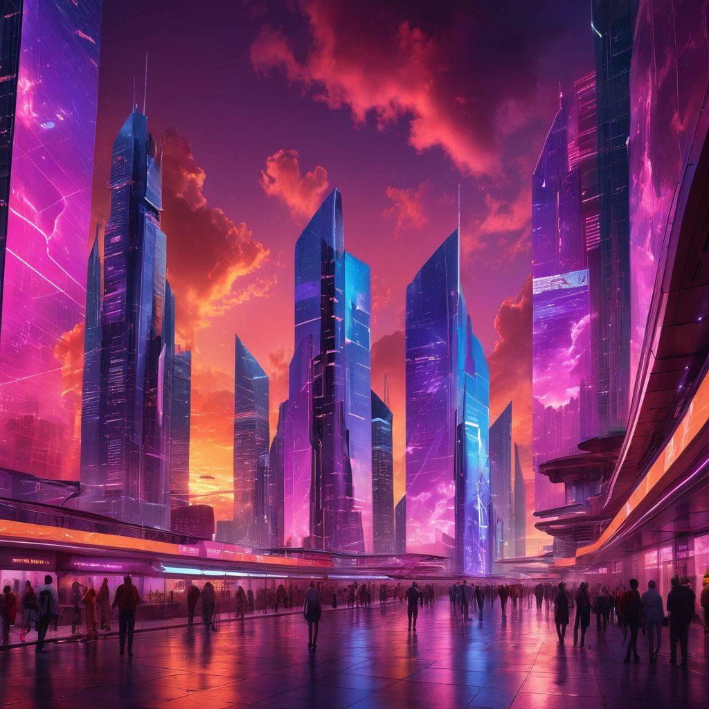 A futuristic city skyline with sleek, advanced applications visually represented as glowing holograms around the buildings. People, engaged with the technology, are interacting with digital screens that project information. The sky is painted with vibrant sunset colors, reflecting the innovative spirit of the future. Elements of cloud computing and AI integration subtly incorporated throughout the scene. cyberpunk. vibrant colors. 3D.