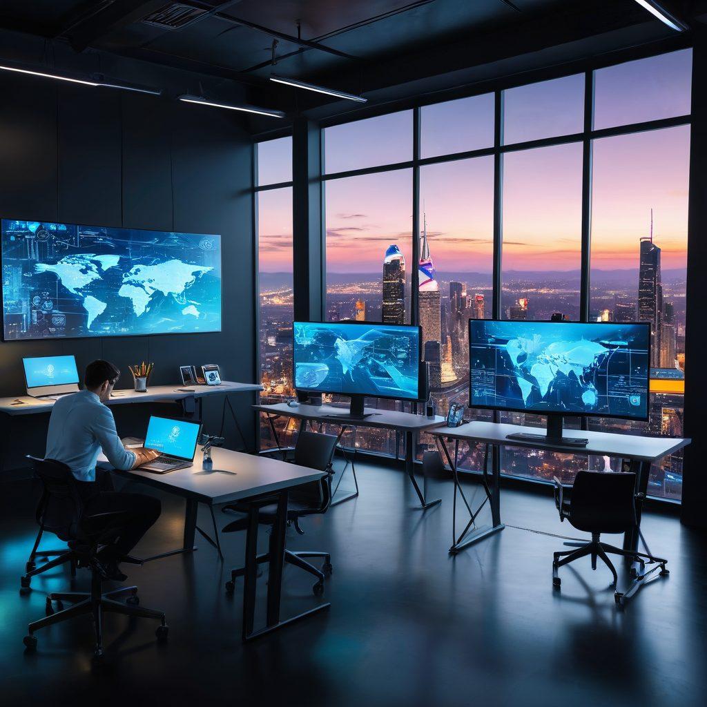 A futuristic workspace showcasing vibrant technological tools like holographic interfaces, drones, and interactive screens. Include a diverse team of professionals collaborating enthusiastically, surrounded by innovative devices and brainstorming on a digital board. The background should depict a sleek, modern city skyline through glass walls, symbolizing progress. Use bright, energetic colors to capture creativity and innovation. super-realistic. vibrant colors. 3D.